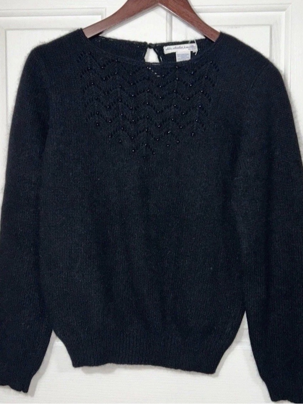 White Wheeler Martha Vintage Angora Lambswool Beaded Knit Sweater Black Medium